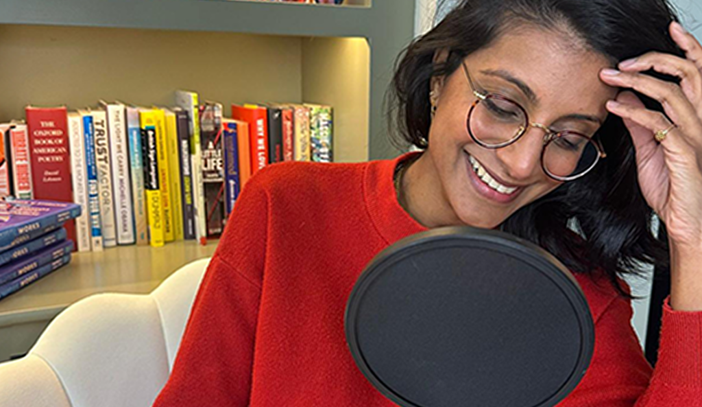 Selina recording the podcast